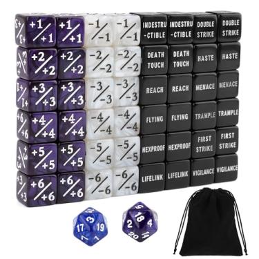 Imagem de 50PCS MTG Dice Counters, Anglekai 24PCS Abilities Keywords/ 24P -1/+1 Buff Tokens/ 2P D20 Cube Dices/Storage Bag, MTG Counters for TCG Card Games