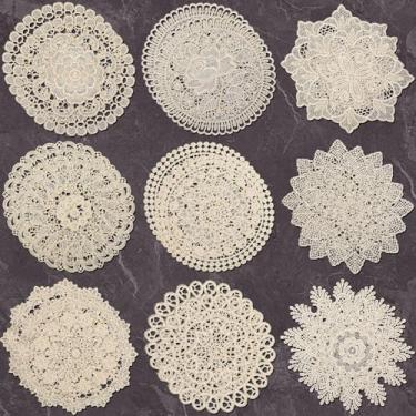 Imagem de Mimorou 18 peças de toalhas de renda bege de 20 cm para mesas de crochê, porta-copos vintage de renda de algodão feito à mão, jogo americano redondo, decoração de mesa rústica para cozinha, sala de