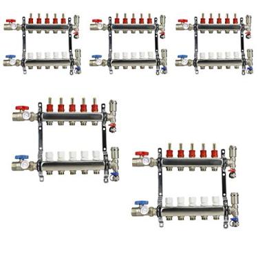 Imagem de Midline Valve Coletor PEX NQT105-5 1,27 cm para sistema de aquecimento radiante; com válvulas, ventilações, medidores e suportes de montagem; aço inoxidável; 5 portas (pacote com 5)