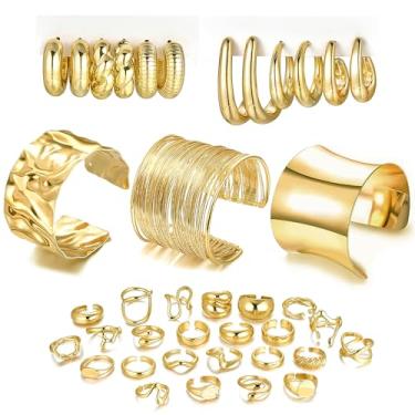 Imagem de FEYIR Conjunto de 33 peças de joias de ouro grosso para mulheres, pulseira banhada a ouro, brincos de argola, anéis abertos empilháveis, bijuterias modernas
