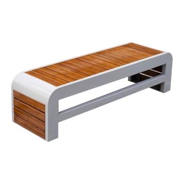 Imagem de Banco externo de aço para jardim ao ar livre, sem encosto, superfície de cadeira de madeira de bambu, para varanda, terraço, lazer, cadeira sentada, bancos de jardim (GG)