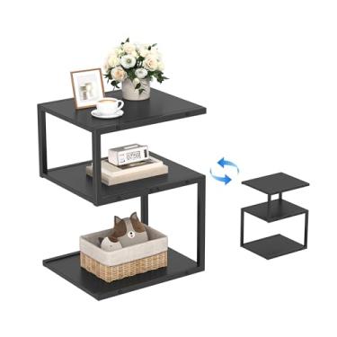 Imagem de Fxacyem Mesa lateral em forma de S de 3 camadas, mesa de cabeceira minimalista para espaços pequenos com armazenamento aberto, mesa de canto estreita para sala de estar e quarto, preta