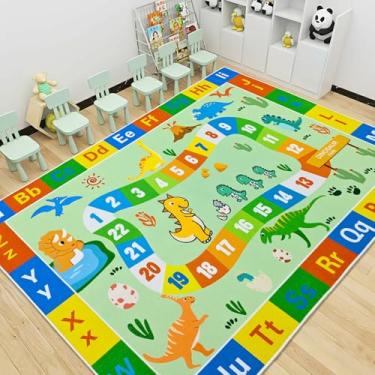 Imagem de Lacomfy Tapete infantil 1,5 x 2,3 m ABC dinossauro animal brincar grande tapete de sala de aula tapete de quarto meninos meninas playtime alfabeto número educacional tapete área de aprendizagem