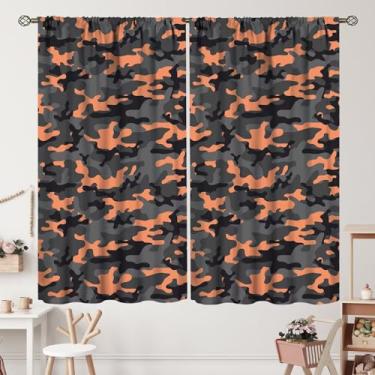Imagem de Cortinas de camuflagem para quarto, sala de estar, adolescentes, camuflado, blackout com bolso para varão, para crianças, meninos, meninas, decoração colorida, cortinas de janela, laranja, preto,