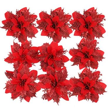 Imagem de Nuobesty 24 peças de flores de Natal com glitter e flores de poinsétia, enfeites de árvore de Natal, flores artificiais de Natal para decoração de grinalda de Natal (vermelho)