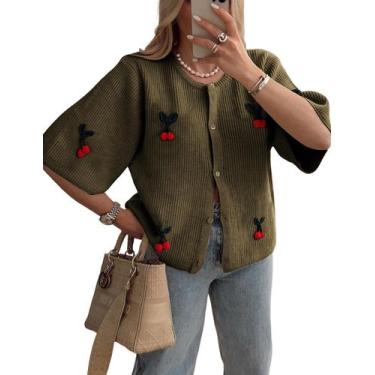 Imagem de Suéter feminino TIQOJE com design cereja verde militar