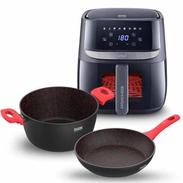 Imagem de Fritadeira Elétrica Airfryer Vision Max 5,7L e Panelas Ichef Home Sauté Grand e Family Size Vermelha 24cm