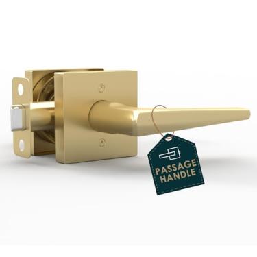 Imagem de Maçaneta de porta de passagem para armário e corredor – Maçanetas modernas finas em formato quadrado sem recurso de bloqueio – para portas de mão esquerda ou direita (latão acetinado)
