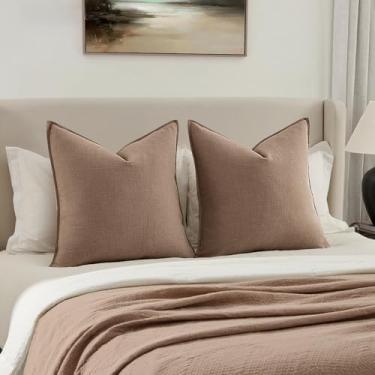 Imagem de MIULEE Capas de almofada decorativas Euro Sham 66 x 66, pacote com 2 almofadas grandes Boho Farmhouse Neutral para cama, capas de almofada de linho modernas com detalhes macios para sofá, sala de