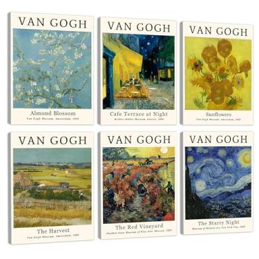 Imagem de COSCTOR Conjunto de 6 pinturas de arte de parede Vincent Van Gogh em tela vintage retrô famoso artista colorido pôsteres e impressões para sala de estar banheiro quarto corredor cozinha (emoldurado