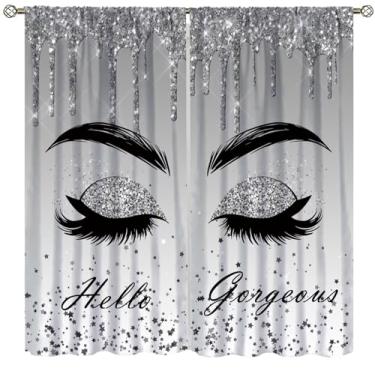 Imagem de Cortina de cílios Hello Gorgeous Girl, com olhos prateados, glitter, isolamento térmico, estampada, bolso para varão, cortinas de janela para sala de estar, quarto, 107 cm L x 114 cm C