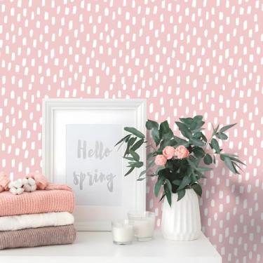 Imagem de HAOKHOME Papel de parede rosa Peel and Stick Boho Modern Dots papel de parede removível para quarto sala de estar papel de contato rosa/branco 44 cm x 10 m