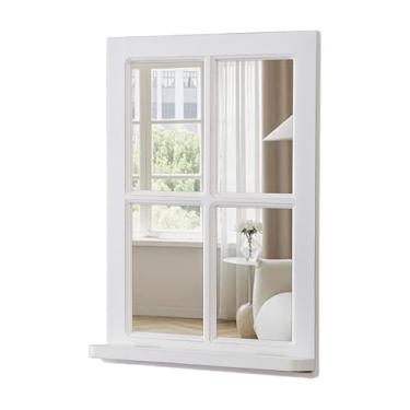 Imagem de Sintosin Espelhos de janela rústicos para decoração de parede 40 x 58 cm, moldura de madeira branca envelhecida para pendurar espelho decorativo de vidraça de fazenda com prateleira para quarto, sala