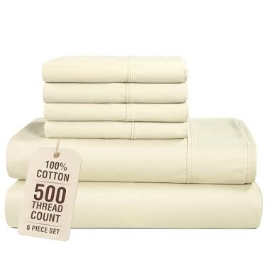 Imagem de Casa Platino Conjunto de lençóis 100% algodão tamanho casal - 6 peças (1 lençol de baixo, 1 elástico, 4 fronhas) - contagem de 500 fios - conjunto de lençóis de cama de cetim ultra suave, mínimo de