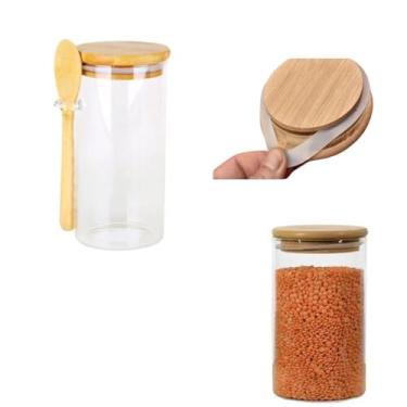 Imagem de Pote Vidro Redondo Com Colher E Tampa Bambu Hermetica 750 Ml Transparente