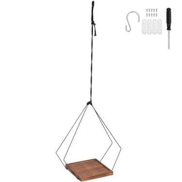 Imagem de ZJRDYYK Gancho de metal preto, prateleira suspensa com bandeja de madeira, suporte de vaso de flores para teto, janela, varanda, varanda, decoração de casa