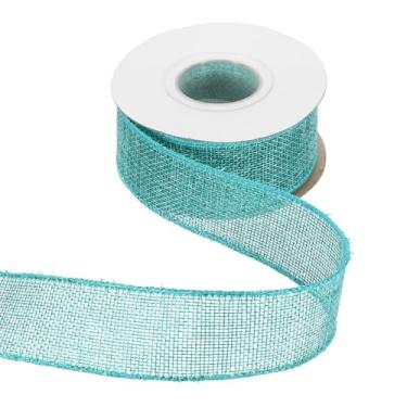 Imagem de HARFINGTON Fita de serapilheira com fio de 3,8 cm x 10 metros com borda cruzada de linho para decoração em casa e ao ar livre, azul ilha