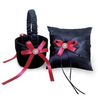 Imagem de COSLANLEE Conjunto de 2 peças, cesta de florista e porta-anéis, almofada com laço de cetim vermelho para anel, conjunto de cesta de laço de renda preta para festa de cerimônia de casamento 19 x 19 cm