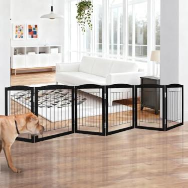 Imagem de ZJSF Portão dobrável independente para cães de madeira, extra largo, preto, 6 painéis, portões altos para animais de estimação para cerca de cachorro