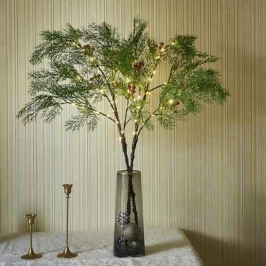 Imagem de Birchlitland Ramos castanhos iluminados cedro 81 cm 60 LED com temporizador, operado por bateria, luzes de decoração de casa de inverno
