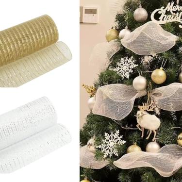 Imagem de Fita de malha metálica com glitter de 10 jardas, ouro branco prateado com folha brilhante para decoração de árvore de guirlandas de Natal