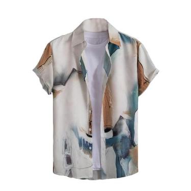 Imagem de Camisa masculina COZYEASE de manga curta com botões, multicolorida, XL