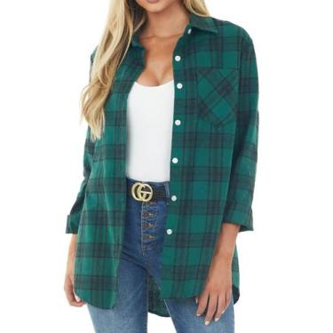 Imagem de Blusa feminina NUOREEL casual xadrez macia verde/preta XXL