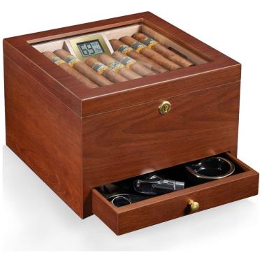 Imagem de Umidor Flauno com fechamento seguro, ventilação eficiente, capacidade para 70 charutos, cedro espanhol, higrômetro digital e gaveta.