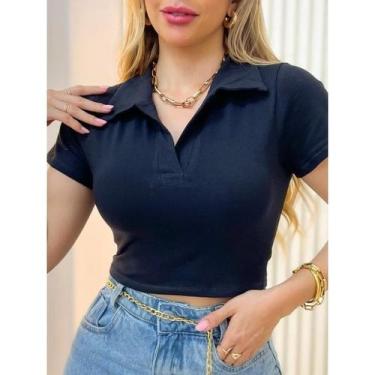 Imagem de Cropped Feminino em Ribana Gola Polo Manga Curta - Lala Closet, Preto,