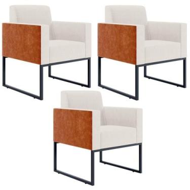 Imagem de Kit 03 Poltronas Base Fixa Metal Helô L02 Linho Cru Camel - LYAM DECOR