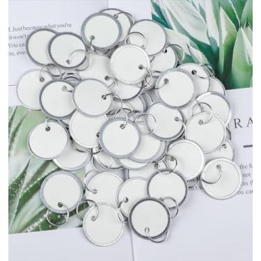 Imagem de 50 etiquetas de chaveiro, etiquetas de papel branco de 2,5 cm, etiquetas de chaveiro de plástico redondas com anéis divididos, identificadores de item leves e resistentes