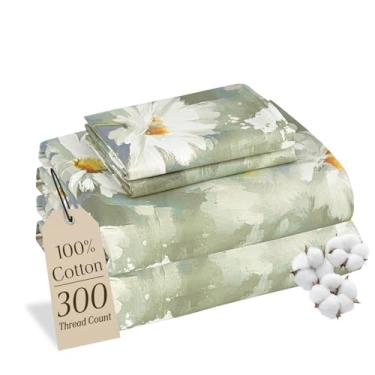 Imagem de MCO Jogo de lençol 100% algodão estampado floral, conjunto de lençóis King 300 fios de algodão, bolso profundo de 40,6 cm, lençóis refrescantes respiráveis 4 peças (king, margarida verde claro)