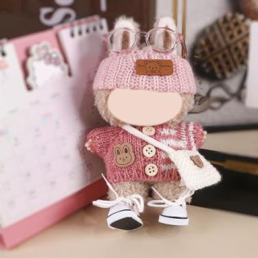 Imagem de Conjunto de roupa de malha compatível com Labubu 15 cm/17 cm (nenhuma boneca incluída) - chapéu de malha rosa, suéter listrado, bolsa branca, óculos e tênis, acessórios de boneca (rosa)
