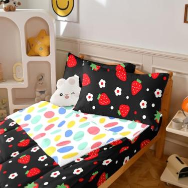 Imagem de Yadangxiawa Jogo de edredom infantil, solteiro com zíper, estampa de morango, com manchas coloridas, lençol com elástico e fronhas para todas as estações (solteiro morango)