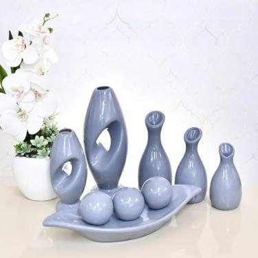 Imagem de Kit 9 Jarros Decorados Trio Vaso Ceramica Enfeite Centro Mesa Sala Enfeite Casa Rack Aparador Nicho Jarros Decorativos Para Sala(CINZA LISO 9PÇS)