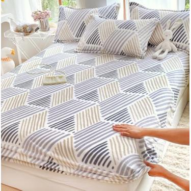 Imagem de J-pinno Jogo de lençol com elástico listrado, cinza, triângulo cinza, microveludo, fofo, aconchegante, quente, durável, 2 peças: 1 lençol com elástico e 1 fronha (geométrico, solteiro)