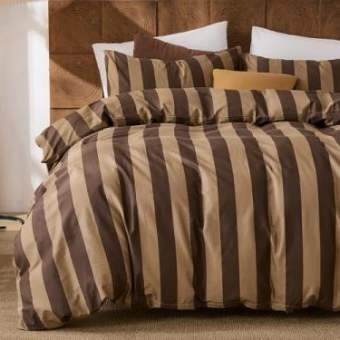 Imagem de Merryword Conjunto de capa de edredom listrado marrom, tamanho Queen, 100% algodão natural, linho, com fecho de zíper e 8 laços nos cantos, roupa de cama reversível macia cáqui marrom para todas as