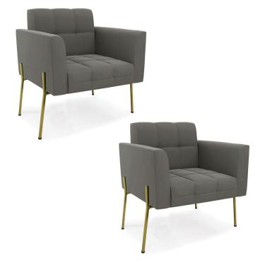 Imagem de Poltrona Pé De Ferro Dourado Para Sala Kit 2 Elisa Suede Grafite D03 - D'rossi