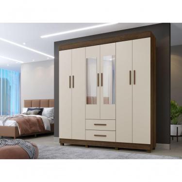 Imagem de Guarda Roupa 6 Portas Com Espelho Copacabana Benetil Cor:imbuia/off White