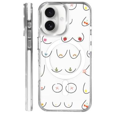 Imagem de MQJCYB Capa magnética para iPhone 16 com design em base transparente, compatível com MagSafe, capa protetora fina de TPU macio, capa de telefone para mulheres e meninas, sexy, exclusivo, morango