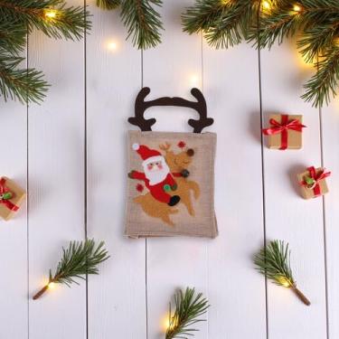 Imagem de 1 bolsa de Natal para presentes, chifres e papai noel, montando rena, linho, marrom, 19 x 16 cm