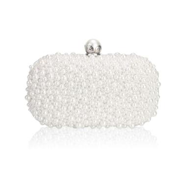 Imagem de Nefokfdus Bolsa de ombro feminina com contas de cristal nobre com contas de pérola e alça de corrente para casamento, festa de formatura, Branco, 7.87" x 4.61" x 2.76"