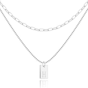 Imagem de Poxtex Colar feminino com inicial de prata 925 em camadas delicadas, colar com pingente de letra A-Z, à prova d'água, moderno, com nome, não mancha, personalizado para presentes de joias para meninas