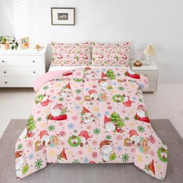Imagem de jejeloiu Conjunto de edredom de Natal, solteiro, desenho animado, gnomos, para crianças, meninos, meninas, árvore de Natal, edredom com floco de neve, decoração de quarto, microfibra, 2 peças com 1