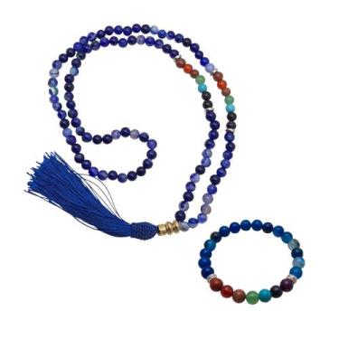 Imagem de Kit 7 Chakras Japamala e Pulseira Ágata Azul - LoveStone, Azul, Pedra 