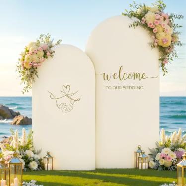 Imagem de Conjunto de 2 capas de arco bege com 2 capas de arco de casamento, decoração de pano de fundo elástico, chá de bebê, chá de panela, foto de festa de aniversário, bege, 7,2 m e 1,8 m, elastano