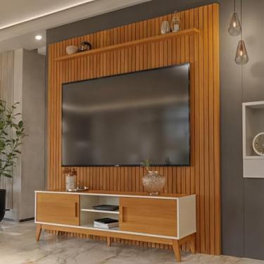 Imagem de Painel Ripado Com Rack Tv 75 Polegadas Domus 229cm - Off White e Cedro