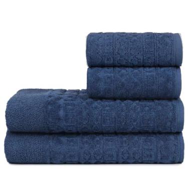 Imagem de Toalha de Banho Gigante, Jogo/Kit 4 Toalhas (2 Banho + 2 Rosto) Macia Algodão Luxo Barra Aveludada Alta Absorção(Marinho)