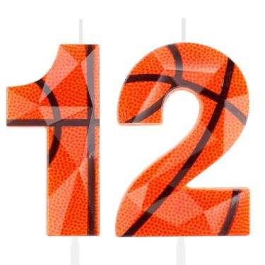 Imagem de Vela de basquete 3D número 12 velas de aniversário laranja 12º aniversário cera premium e design de diamante 3D decoração de topo de bolo temática de basquete para meninos meninas crianças festa