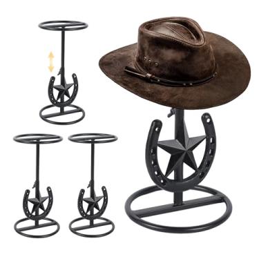 Imagem de Stuffygreenus 4 peças de chapéu de cowboy de altura ajustável suporte de chapéu de cowboy ocidental suporte de metal estrela ocidental decoração ferradura preto presentes para homens chapéus de palha